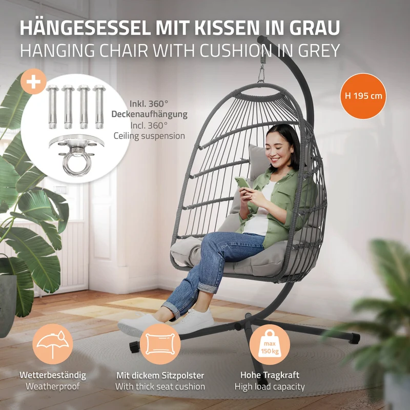 Hängesessel mit Gestell und Kissen Grau aus Stahl inkl. Abdeckung ML-Design