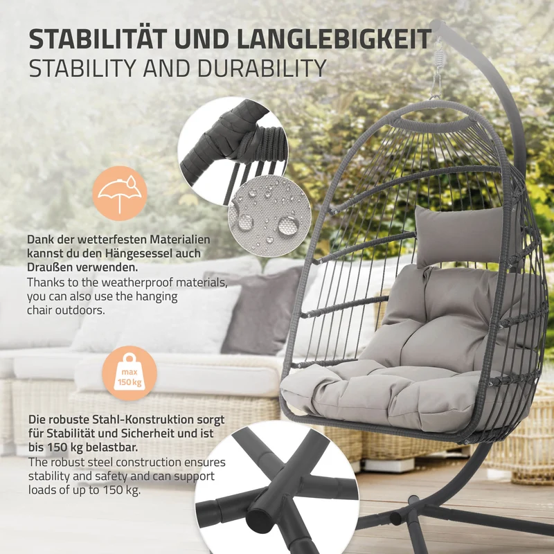 Hängesessel mit Gestell und Kissen Grau aus Stahl inkl. Abdeckung ML-Design