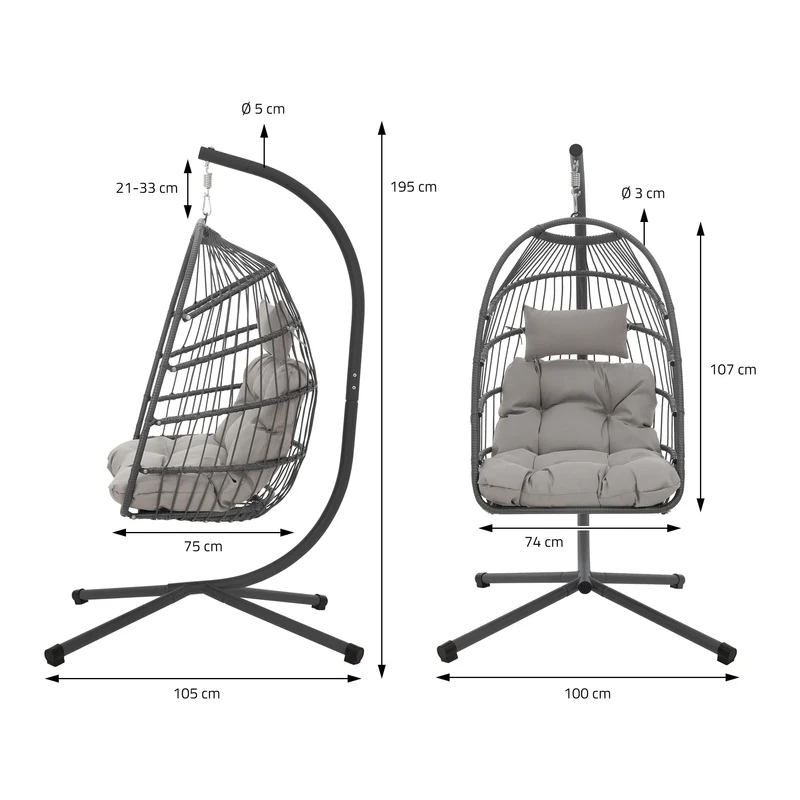 Hängesessel mit Gestell und Kissen Grau aus Stahl inkl. Abdeckung ML-Design