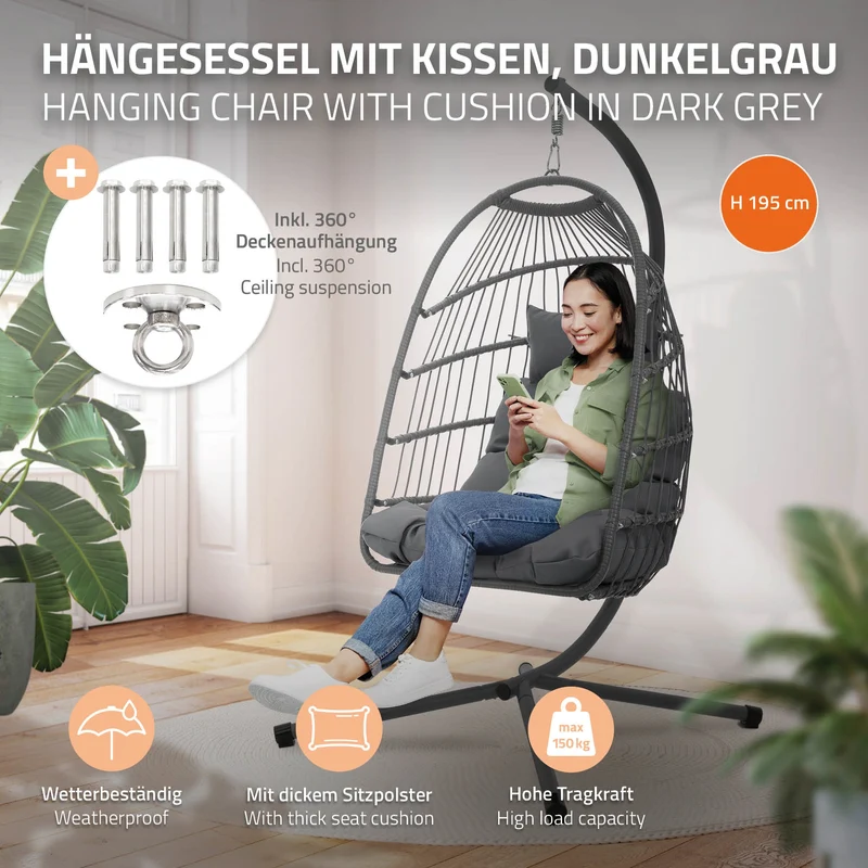 Hängesessel mit Gestell und Kissen Dunkelgrau aus Stahl inkl. Abdeckung ML-Design