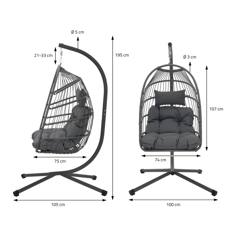 Hängesessel mit Gestell und Kissen Dunkelgrau aus Stahl inkl. Abdeckung ML-Design