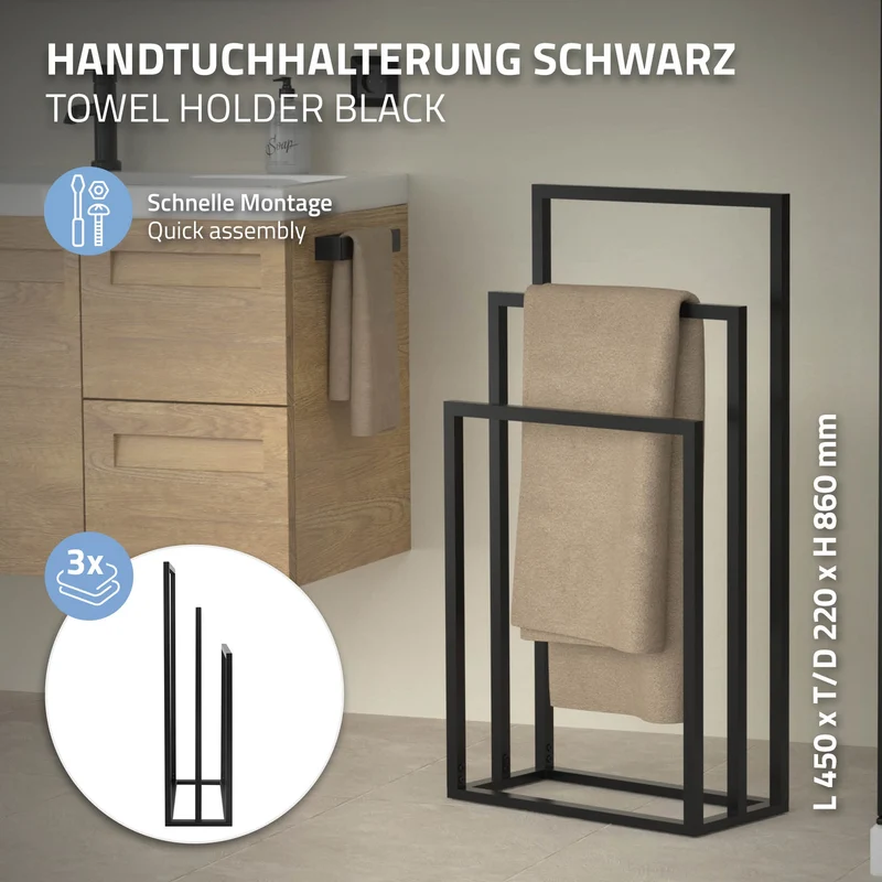 Handtuchhalter Handtuchständer dreifach 45 cm Schwarz aus Stahl ML-Design