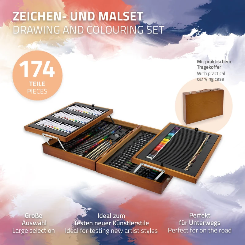 Malkoffer aus Holz 174-Teilig mit Pinseln, Bleistiften, Ölfarben, Ölpastellkreide uvm aufklappbar