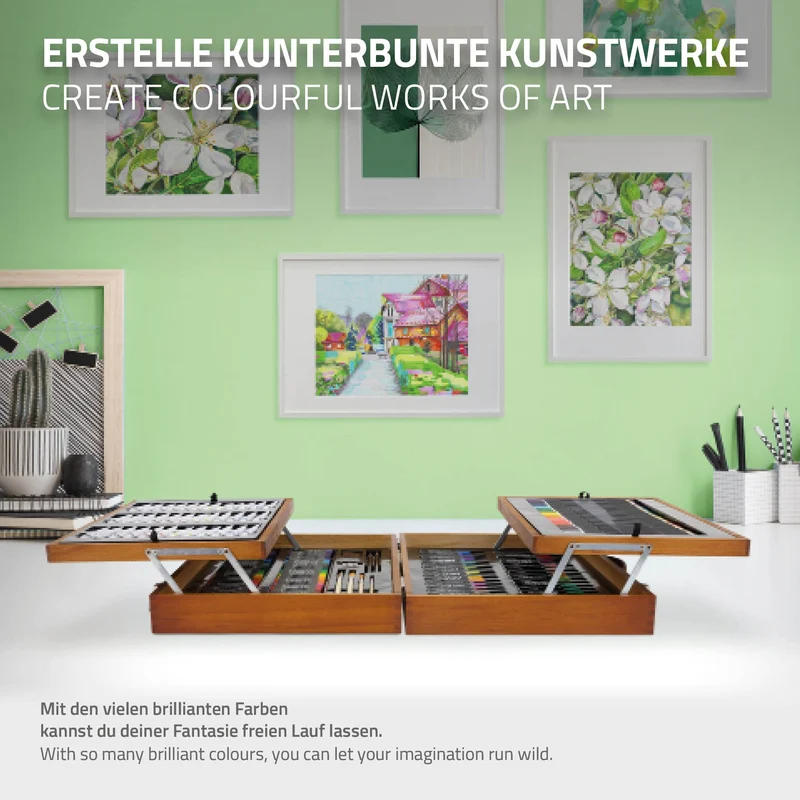 Malkoffer aus Holz 174-Teilig mit Pinseln, Bleistiften, Ölfarben, Ölpastellkreide uvm aufklappbar
