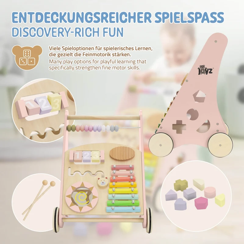 Laufwagen mit Activity Center 36x32x46 cm Pink aus Holz Joyz