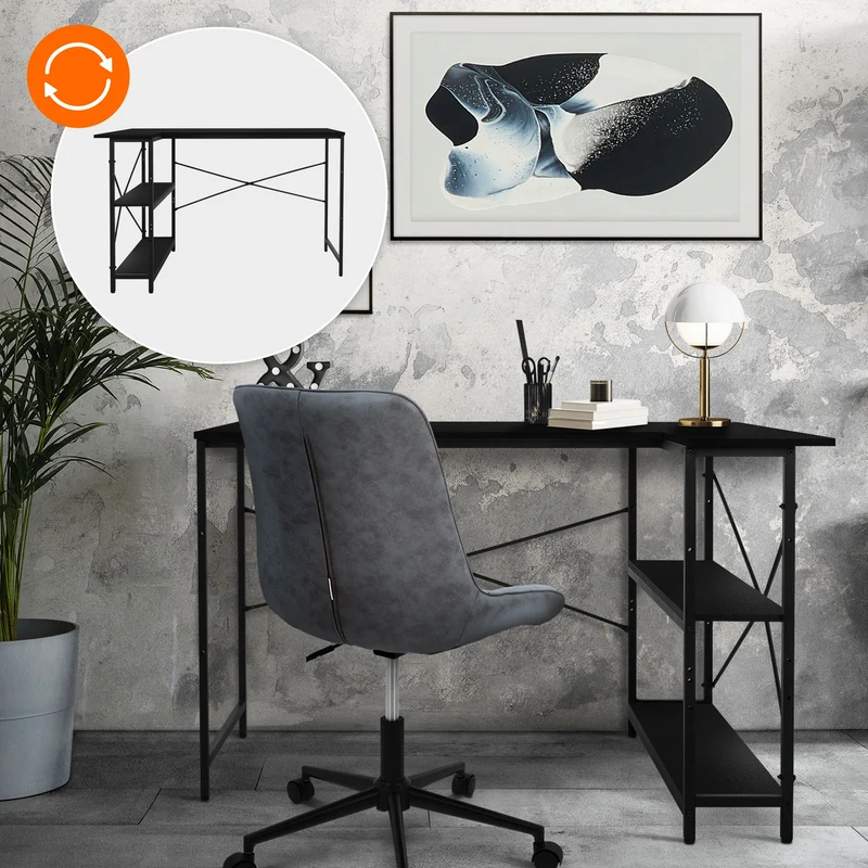 B-Ware Schreibtisch L-Form beidseitig montierbar 120x89x75 cm Carbon mit Regal ML-Design