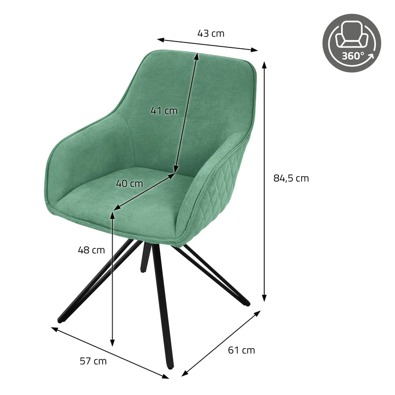 Esszimmerstuhl drehbar 2er Set Grün aus Textil Webstoff Küchenstuhl mit Rücken- und Armlehne ML-Design