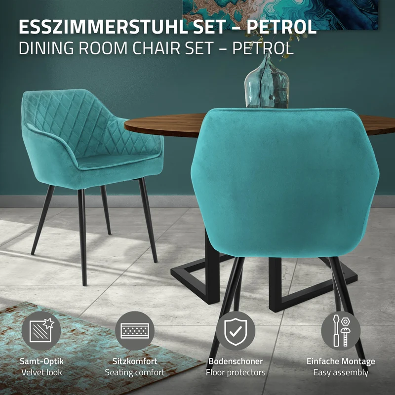 Esszimmerstuhl 6er Set mit Rücken- und Armlehnen Petrol Küchenstuhl mit Microfaser-Samtbezug ML-Design