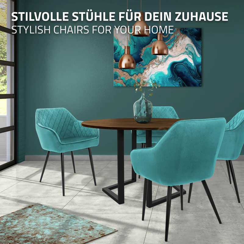 Esszimmerstuhl 6er Set mit Rücken- und Armlehnen Petrol Küchenstuhl mit Microfaser-Samtbezug ML-Design
