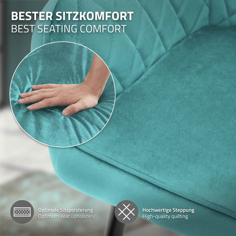 Esszimmerstuhl 2er Set Rauten Steppung mit Rücken- und Armlehnen Petrol Küchenstuhl mit Microfaser-Samtbezug ML-Design