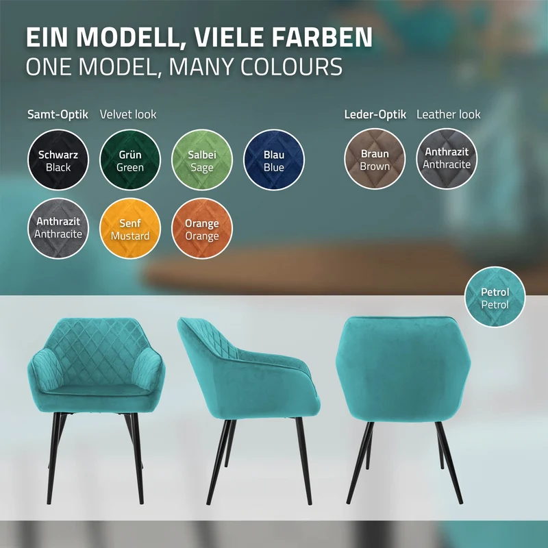 Esszimmerstuhl 2er Set Rauten Steppung mit Rücken- und Armlehnen Petrol Küchenstuhl mit Microfaser-Samtbezug ML-Design