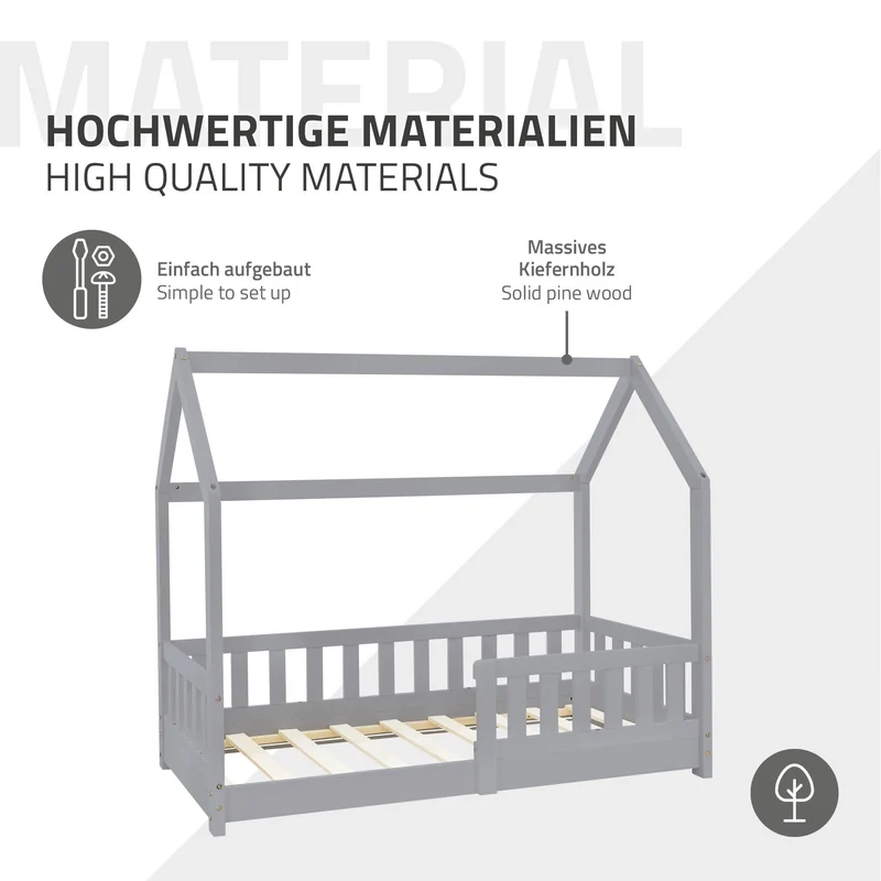 Kinderbett Hausbett 70x140 cm Hellgrau aus Kiefernholz mit Rausfallschutz Dach und Lattenrost Holzbett ML-Design