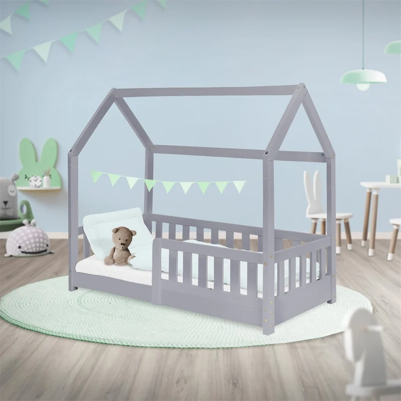 Kinderbett Hausbett 70x140 cm Hellgrau aus Kiefernholz mit Rausfallschutz Dach und Lattenrost Holzbett ML-Design