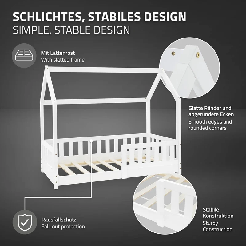 Kinderbett Hausbett 70x140 cm Weiß aus Kiefernholz mit Rausfallschutz Dach und Lattenrost Holzbett ML-Design