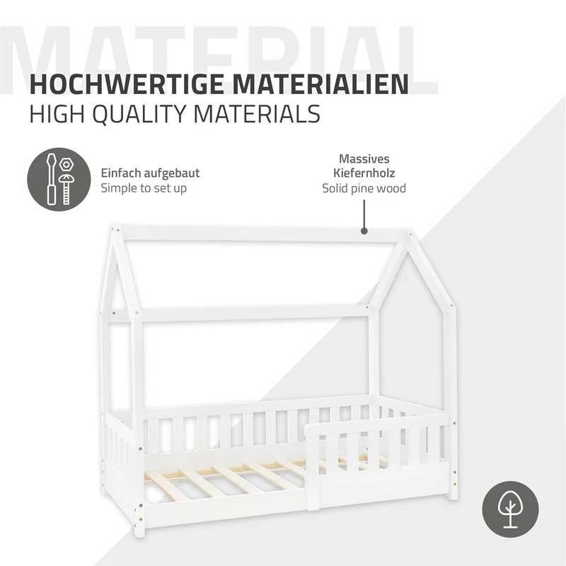 Kinderbett Hausbett 70x140 cm Weiß aus Kiefernholz mit Rausfallschutz Dach und Lattenrost Holzbett ML-Design