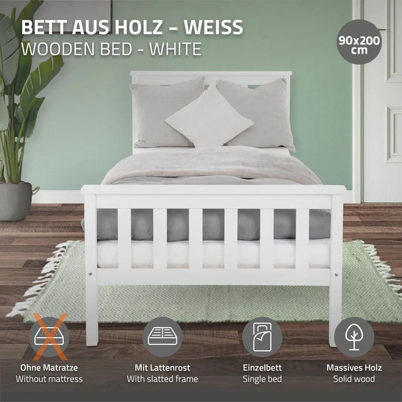 Bettgestell Einzelbett 90x200cm aus Kiefernholz in Weiß mit Lattenrost ML-Design