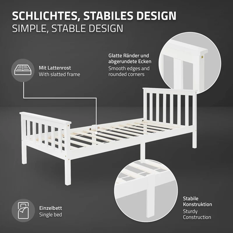 Bettgestell Einzelbett 90x200cm aus Kiefernholz in Weiß mit Lattenrost ML-Design