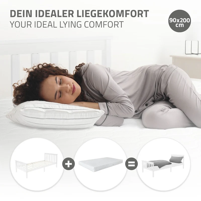 Bettgestell Einzelbett 90x200cm aus Kiefernholz in Weiß mit Lattenrost ML-Design