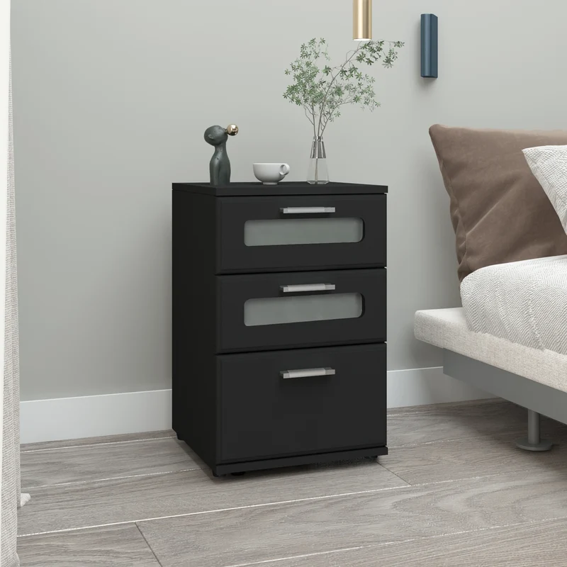 2er Set Nachttisch mit drei Schubladen 40x60x38 cm Schwarz aus Holz ML-Design