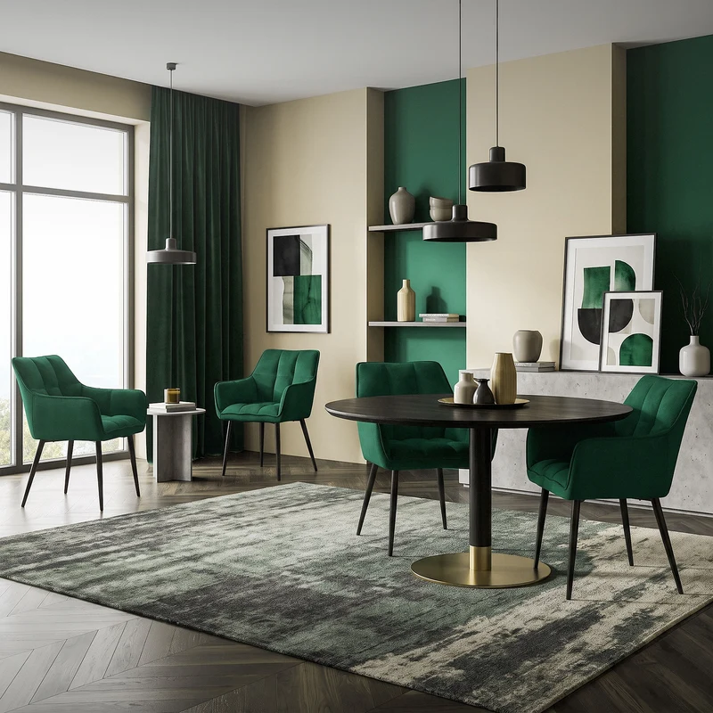 2er Set Esszimmerstuhl Dunkelgrün aus Frotteestoff mit dickem gepolsterter Sitz ML-Design