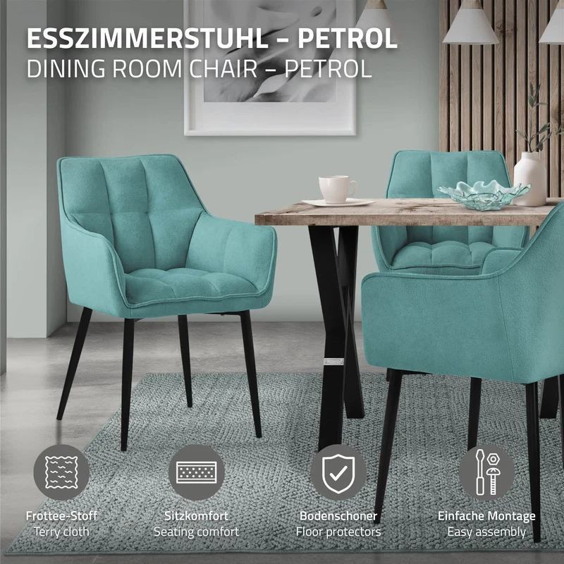 2er Set Esszimmerstuhl Petrol aus Frotteestoff mit dickem gepolsterter Sitz ML-Design