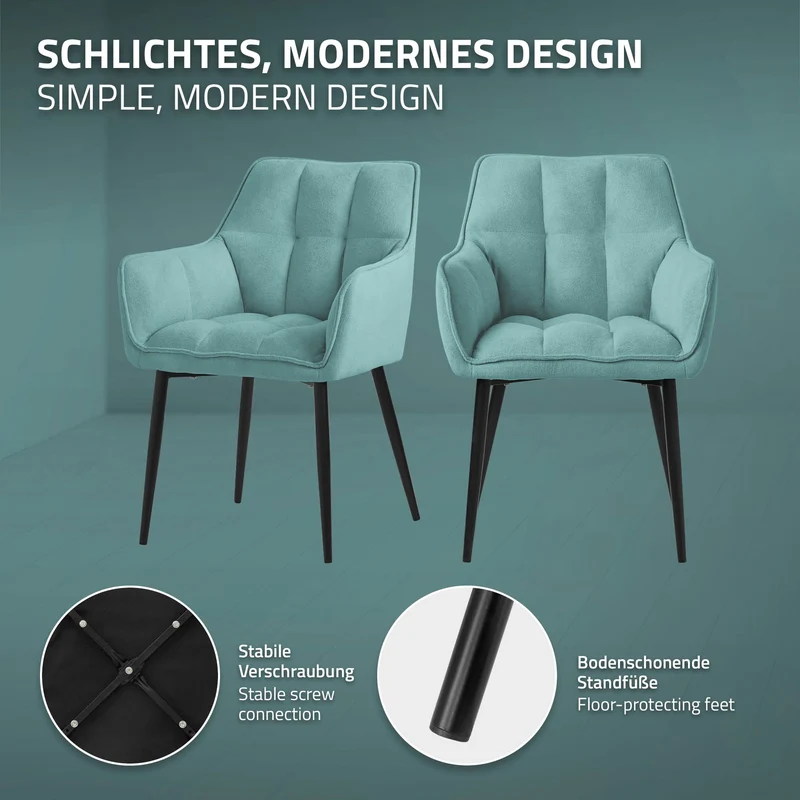 2er Set Esszimmerstuhl Petrol aus Frotteestoff mit dickem gepolsterter Sitz ML-Design