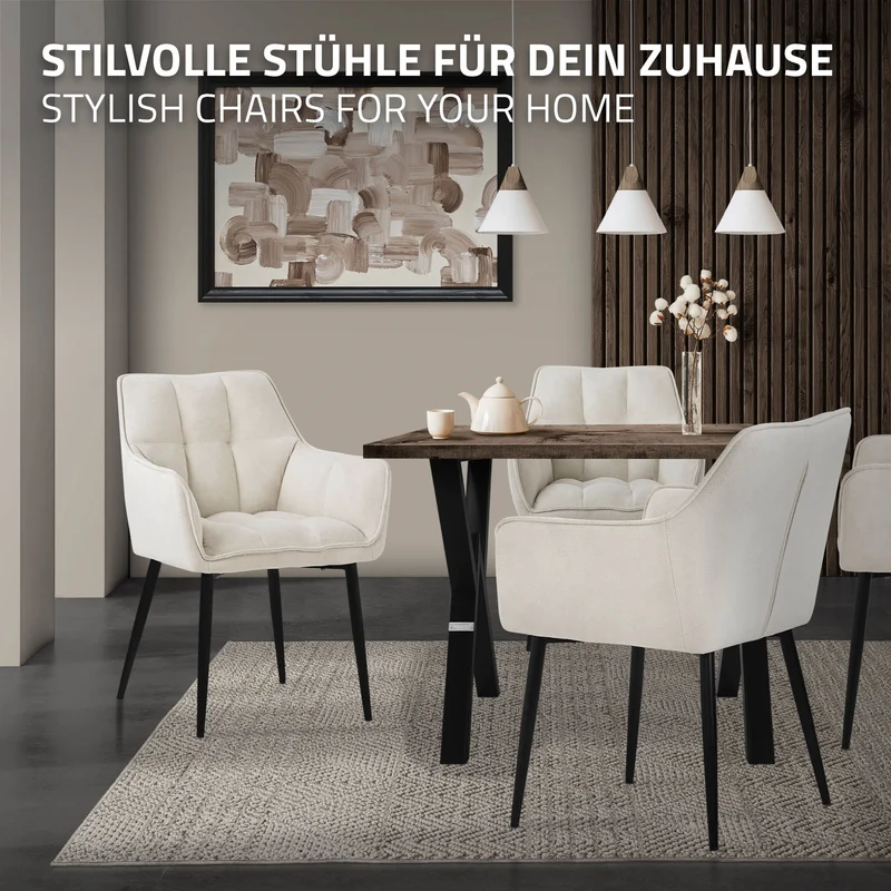 2er Set Esszimmerstuhl Creme aus Frotteestoff mit gepolstertem Sitz ML-Design