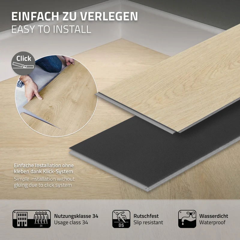 PVC Vinylboden Bodenbelag Set à 20 Dielen 4,2mm für 1,56m² mit Klick-System Fischgräte Eiche natur ML-Design