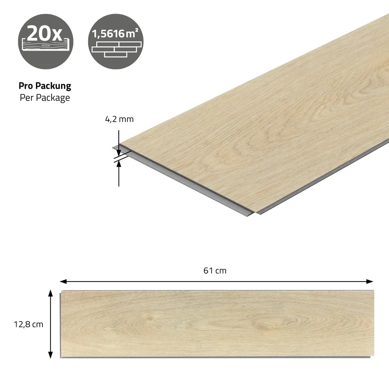PVC Vinylboden Bodenbelag Set à 20 Dielen 4,2mm für 1,56m² mit Klick-System Fischgräte Eiche natur ML-Design