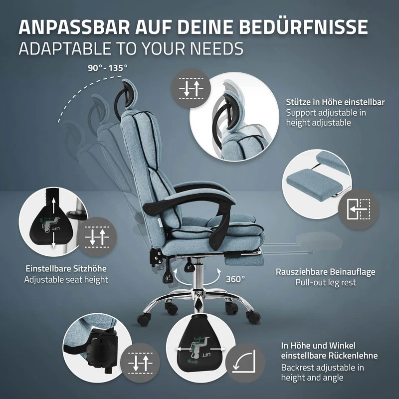 Chefsessel Bürostuhl höhenverstellbar Blau mit höhenverstellbarer Rückenlehne und Fuß-& Kopfstütze bis 120 kg ML-Design
