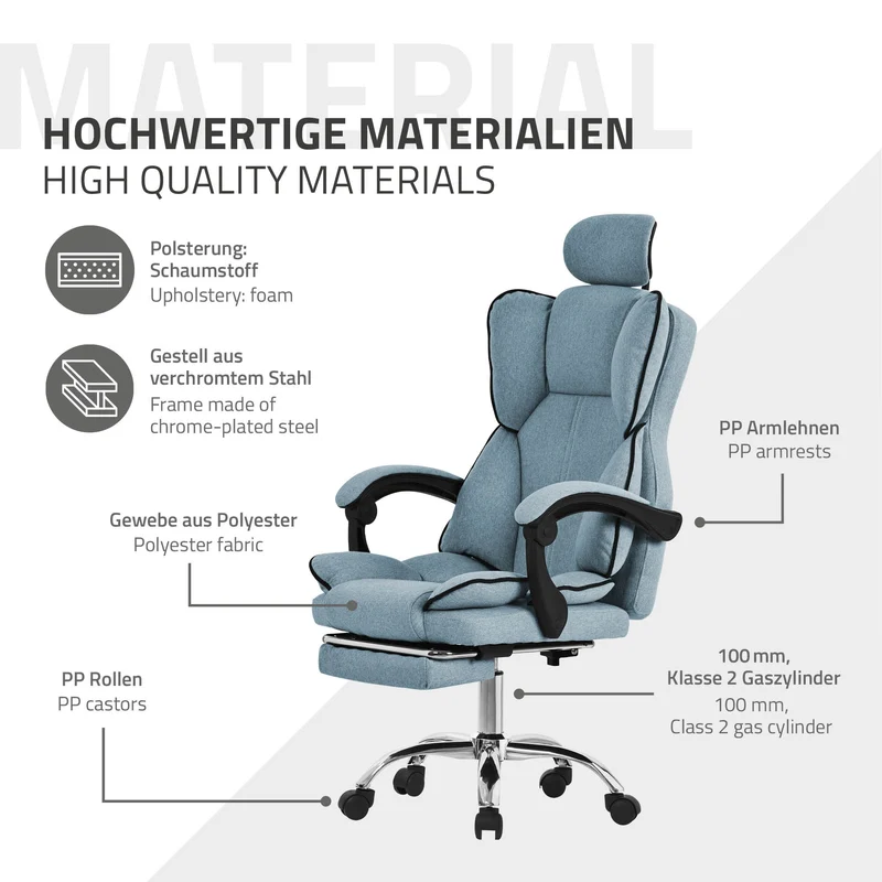 Chefsessel Bürostuhl höhenverstellbar Blau mit höhenverstellbarer Rückenlehne und Fuß-& Kopfstütze bis 120 kg ML-Design