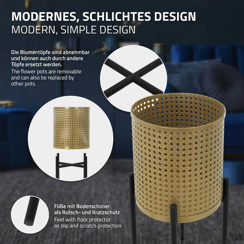 2er Set Blumenständer mit Übertopf 17x17x55/19x19x75,5 cm Schwarz/Gold aus Stahl ML-Design