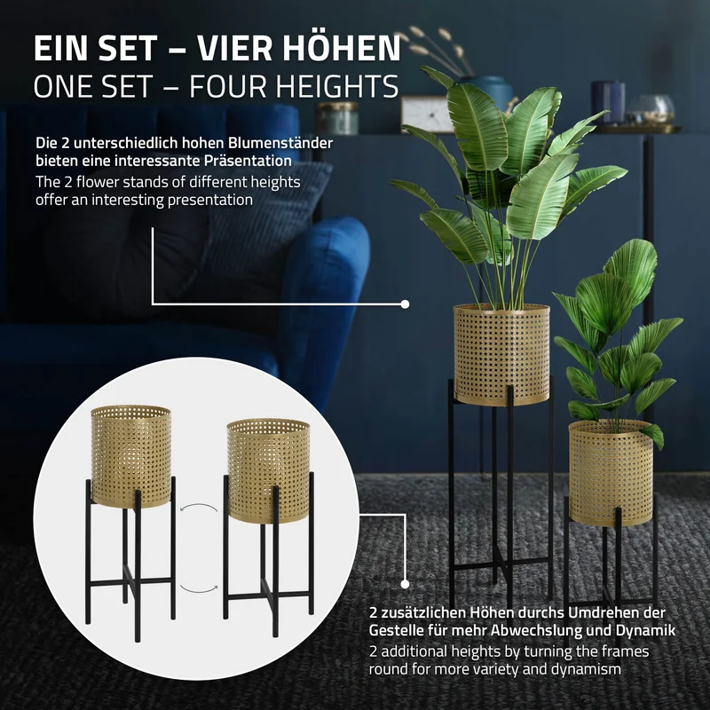 2er Set Blumenständer mit Übertopf 17x17x55/19x19x75,5 cm Schwarz/Gold aus Stahl ML-Design