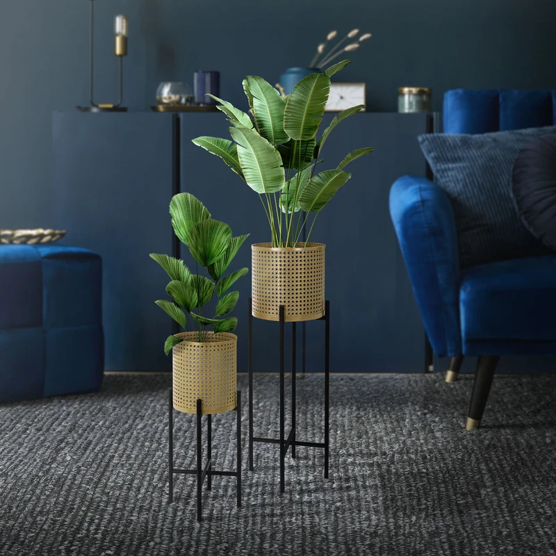 2er Set Blumenständer mit Übertopf 17x17x55/19x19x75,5 cm Schwarz/Gold aus Stahl ML-Design