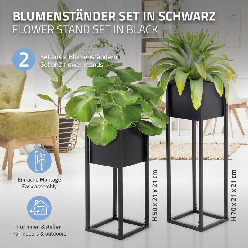 Blumenständer 2er Set mit herausnehmbarem Blumentop eckig Schwarz aus Metall ML-Design