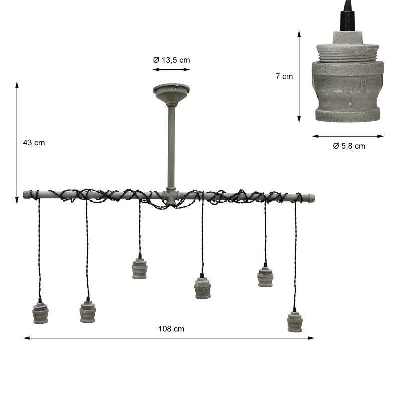 Hängelampe 6 flammig E27 Fassung 43 cm Beton-Optik aus Metall