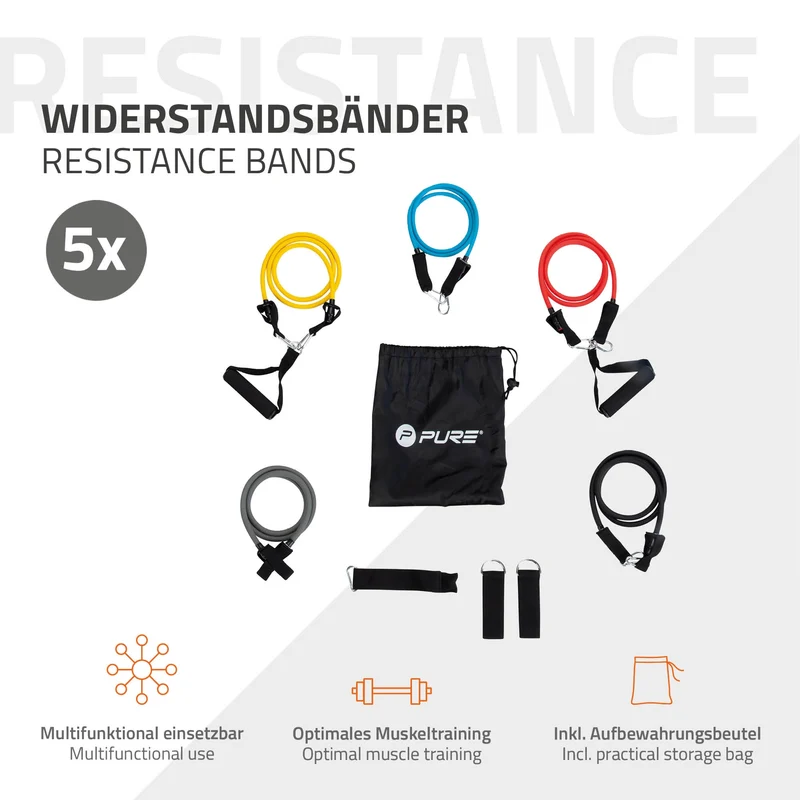 Widerstandsbänder 5er Set mit Türanker und Handgriffen inkl. Tragebeutel Pure2Improve