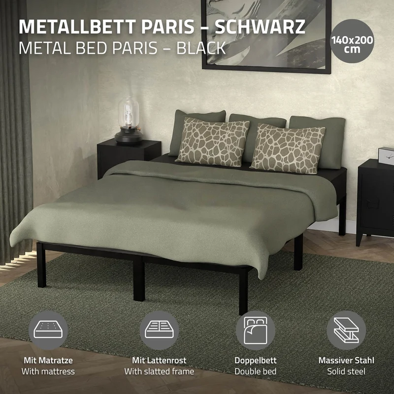 Metallbett 140x200 cm Schwarz mit Lattenrost und Matratze ML-Design