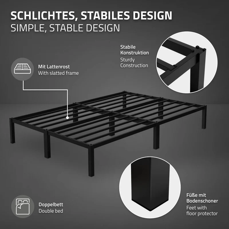 Metallbett 140x200 cm Schwarz mit Lattenrost und Matratze ML-Design