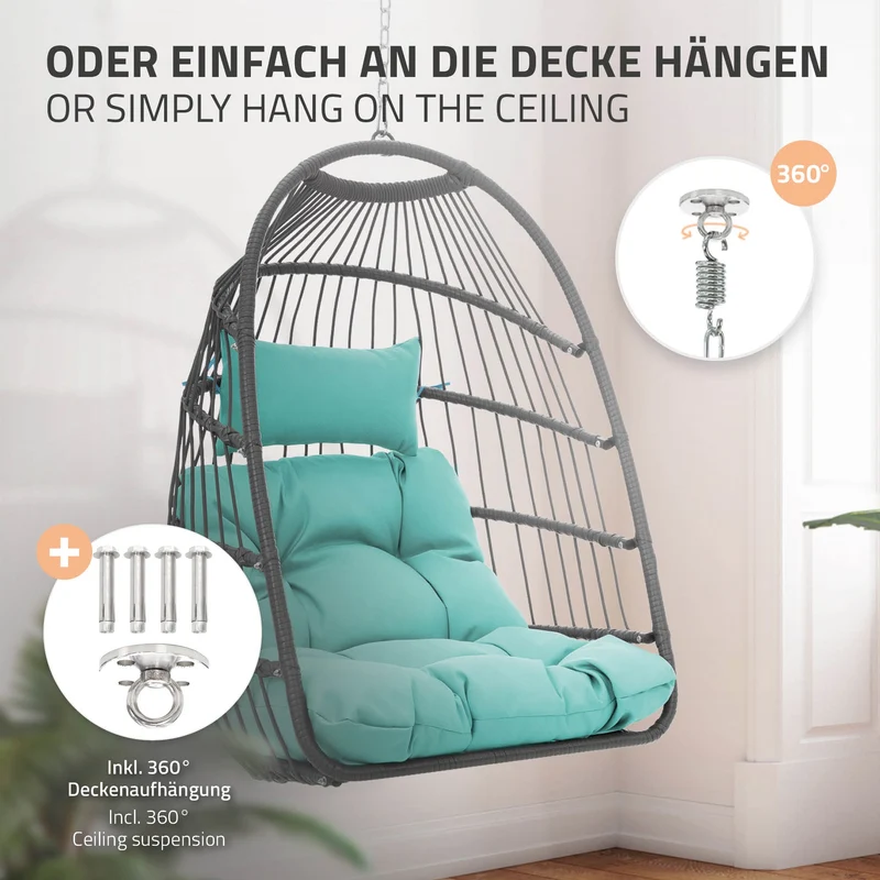 Hängesessel 100x105x195 cm Türkisgrün aus Polyester mit Gestell und Kissen ML-Design