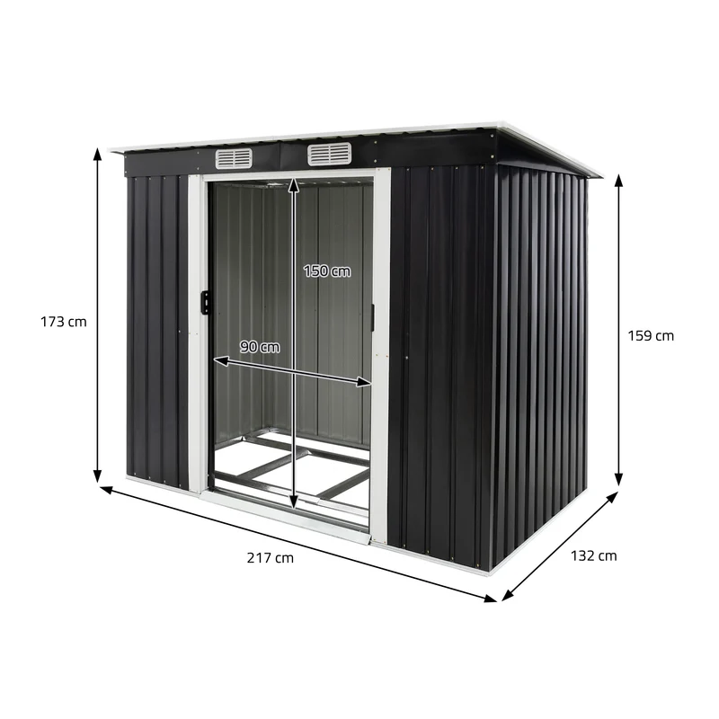 Gerätehaus mit Pultdach & Fundament 217x173x132 cm Schwarz aus Stahlblech ML-Design