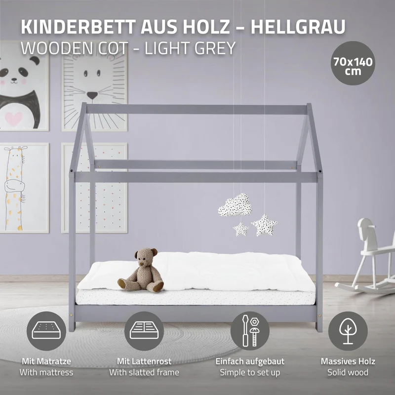 Kinderbett Hausbett 70x140 cm Hellgrau aus Kiefernholz inkl. Matratze H-10cm Holzbett mit Dach und Lattenrost ML-Design
