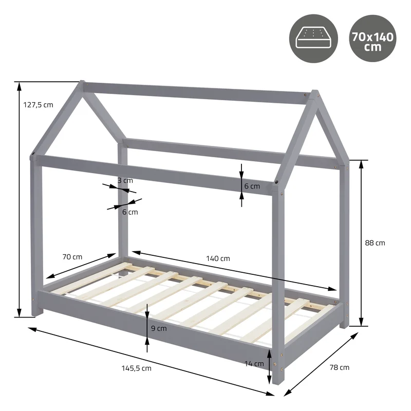 Kinderbett Hausbett 70x140 cm Hellgrau aus Kiefernholz inkl. Matratze H-10cm Holzbett mit Dach und Lattenrost ML-Design