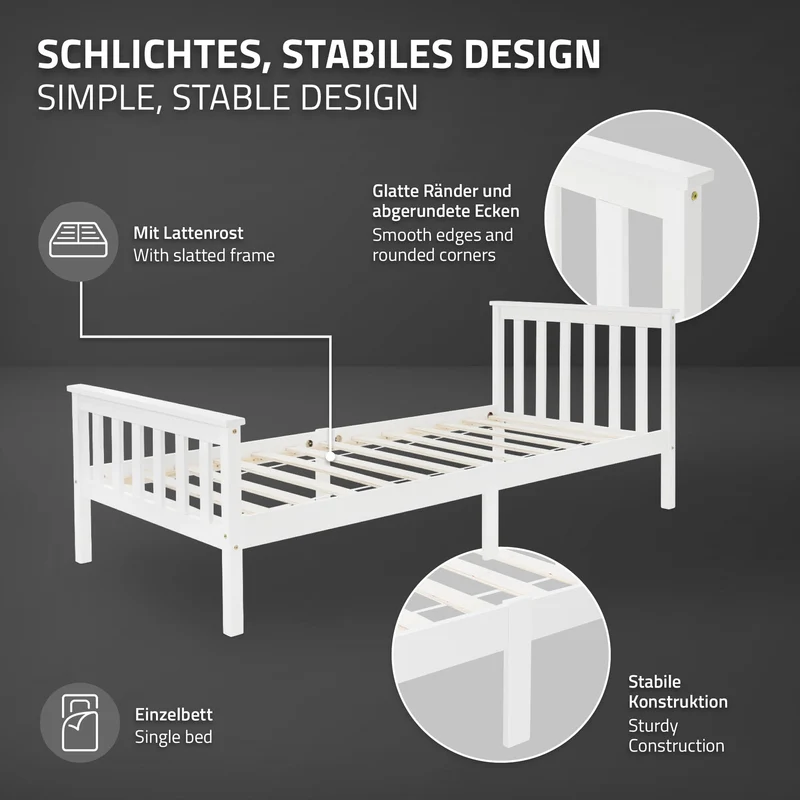 Bettgestell Einzelbett 90x200cm aus Kiefernholz in Weiß Lattenrost & Matratze H-10cm ML-Design