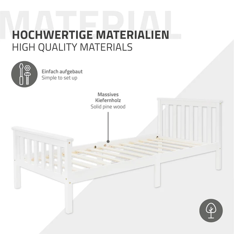 Bettgestell Einzelbett 90x200cm aus Kiefernholz in Weiß Lattenrost & Matratze H-10cm ML-Design