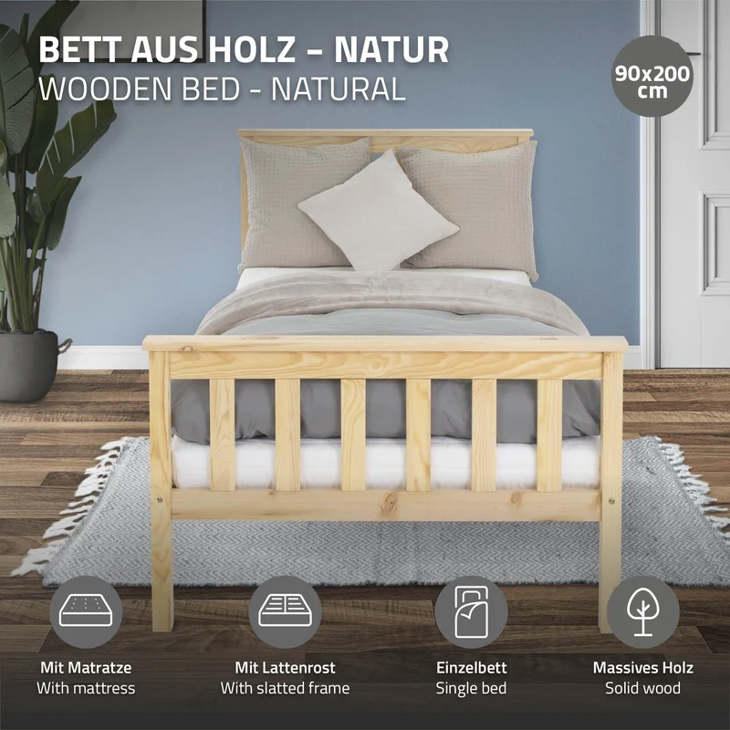 Bettgestell Einzelbett 90x200cm aus Kiefernholz in Natur mit Lattenrost & Matratze H-10cm ML-Design