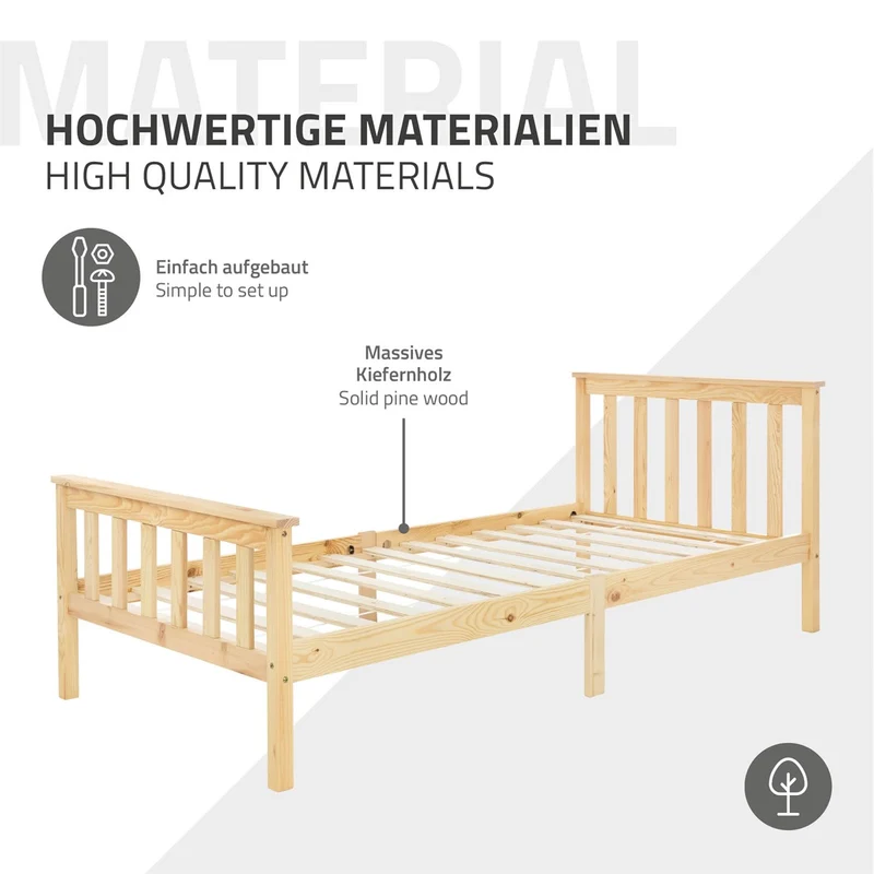 Bettgestell Einzelbett 90x200cm aus Kiefernholz in Natur mit Lattenrost & Matratze H-10cm ML-Design