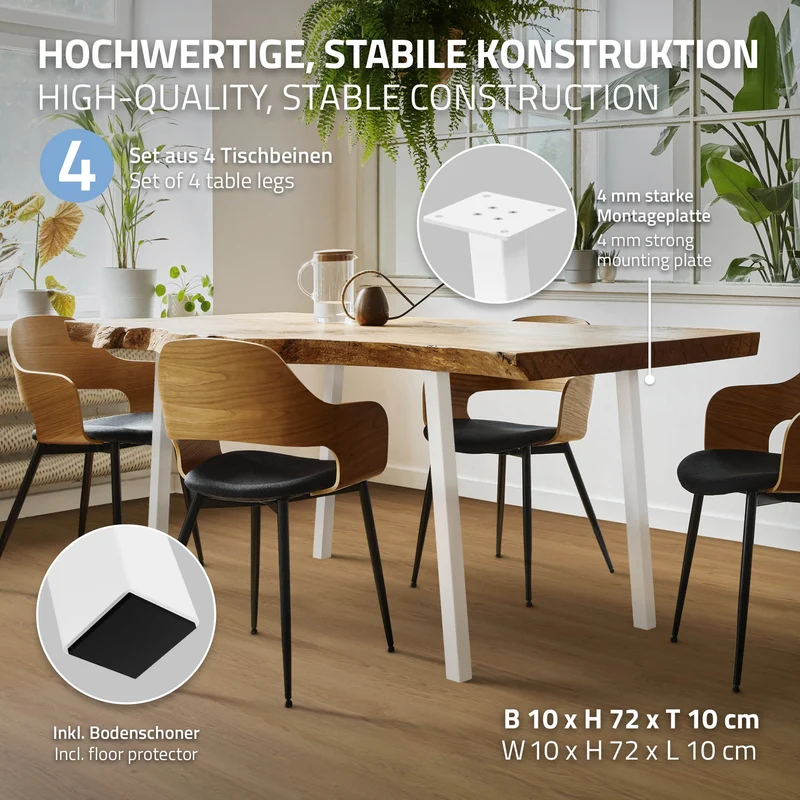 4er Set Tischbeine schräg 72 cm Weiß glänzend aus pulverbeschichtetem Stahl eckig Profil 4x4 cm I-Form 96° Neigung ML-Design