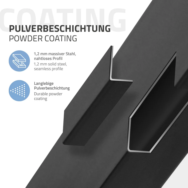 4er Set Tischbeine schräg 72 cm Schwarz glänzend aus pulverbeschichtetem Stahl eckig Profil 4x4 cm I-Form 96° Neigung ML-Design