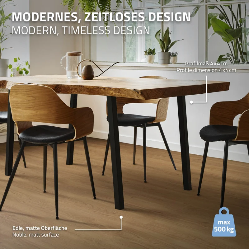 4er Set Tischbeine schräg 72 cm Schwarz glänzend aus pulverbeschichtetem Stahl eckig Profil 4x4 cm I-Form 96° Neigung ML-Design